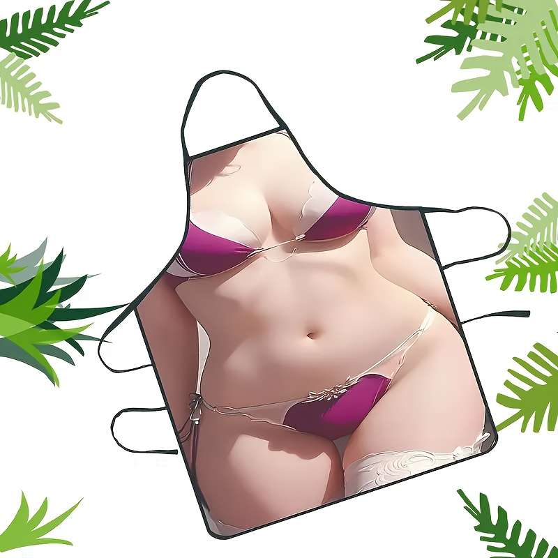 1pc Women'S Polyester Bikini Print Apron Woven Kitchen Apron with Neck Strap Fashionable and Prac