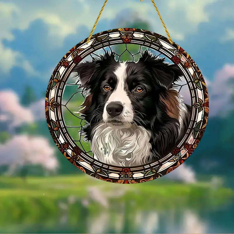 1pc Border Collie Stained Glass Window Sun Catcher Classic Acrylic 20.32x20.32cm Round Wall Hanging