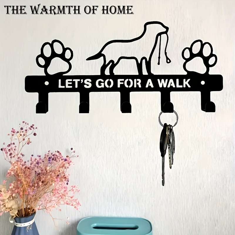 1pc Metal Wall Mounted Decorative Hook with Charming Dog and Paw Prints Romantic "LetS Go for a Wa
