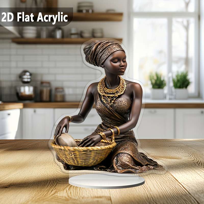 1pc 2D Flat  A Beautiful Acrylic Tabletop Ornament of an African Woman with a Basket Perfect for