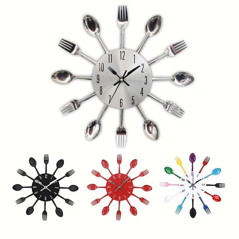 1pc Creative Golden Metal Wall Clock Kitchen Utensils Spoon Fork Wall Decoration Clock Ideal De