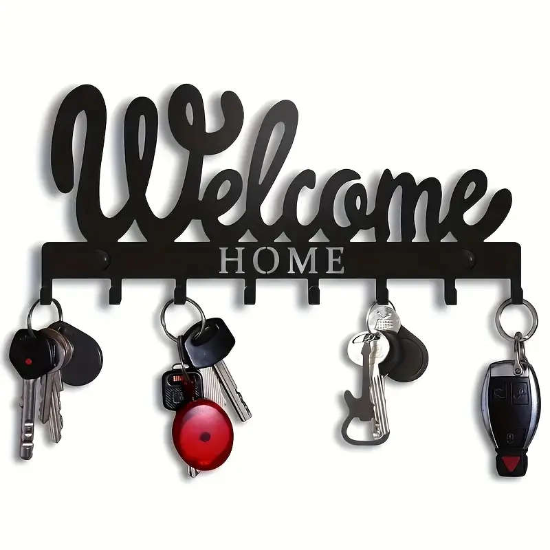 1pc Black Metal Welcome Home Key Holder with 8 Hooks Wall Mounted Key Rack for Keys Towels Coats Ver