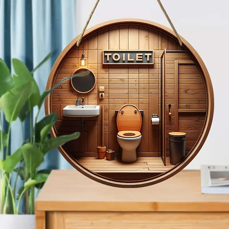 1pc Round Wooden TOILET Sign 20.07cm x 20.07cm Polka Dot Pattern Dark Brown General Fit Floor Mount