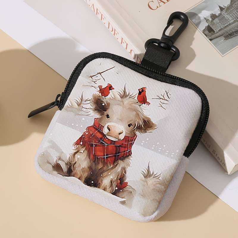 1pc 1pc Bird Necktie Calf Pattern Printed Coin Purse with Buckle and Zipper Pocket Multifunctiona