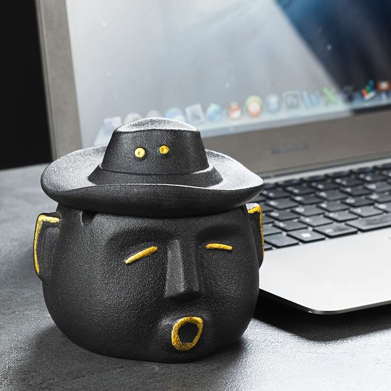 1pc Unique Ceramic Ashtray with Lid C Stylish Cowboy Hat Design Black Yellow Aesthetic Home Deco