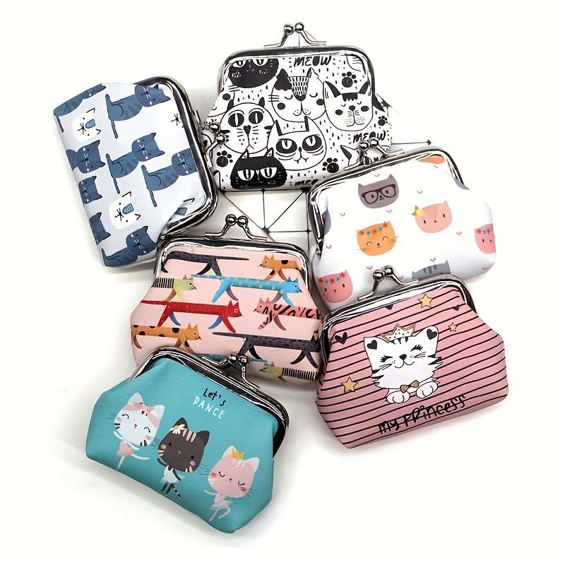 1pc Cute Cat Print Coin Purse Compact Cartoon Wallet for Women PU Material Hand Wash or Dry
