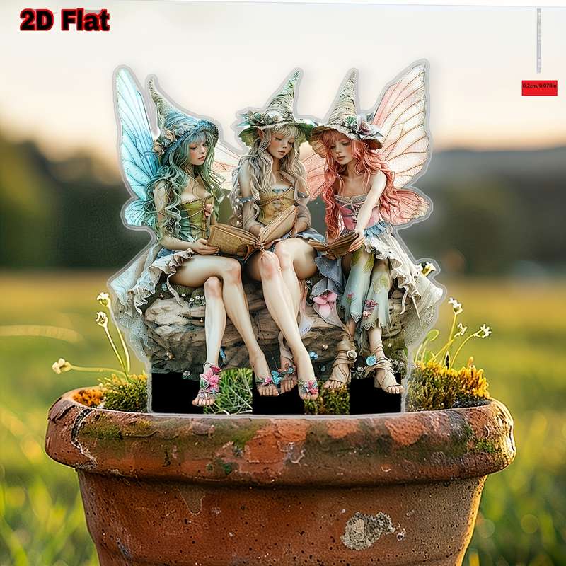 1pc 2D Flat   Printingacrylic fairy garden stakes rustic style reading fairy decorative ac