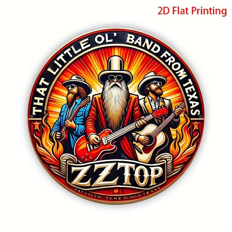 1pc 2D Flat Round 20.32x20.32 cm Vintage ZZ Top Aluminum Round Sign es Fiery Texas Band Desig