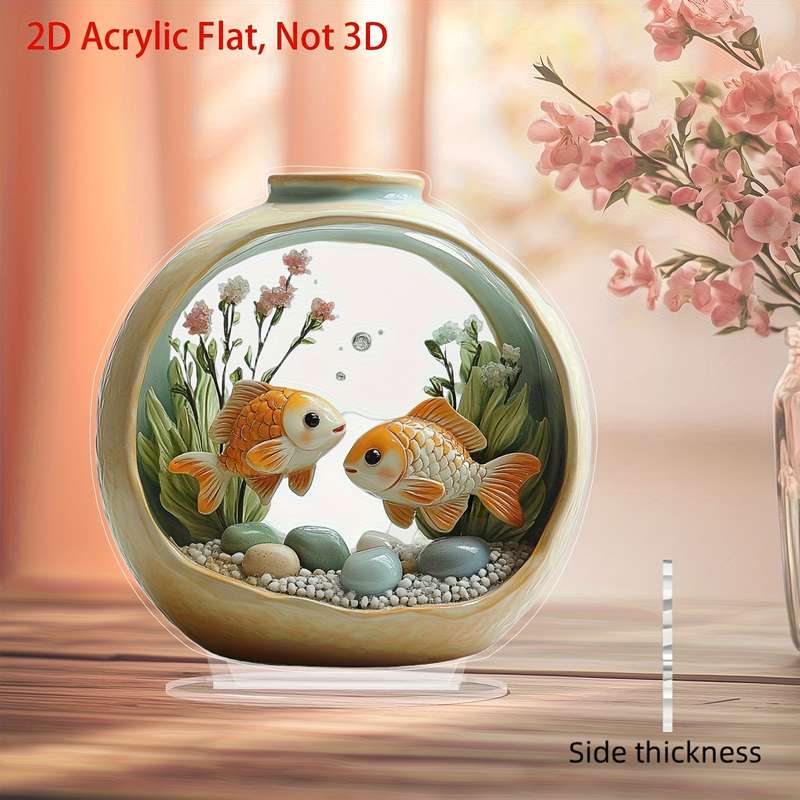 1pc 2D Flat   Bohemian Style Goldenfish Aquarium Acrylic Art Desktop Decor with Base Perfect fo