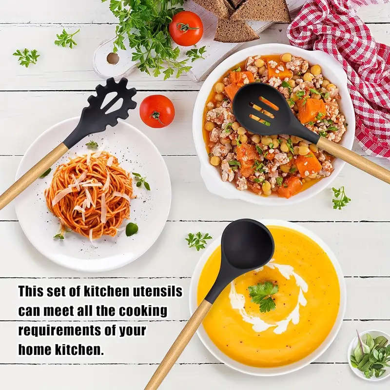 12Piece Silicone Cooking Utensil Set with Wooden Handles and Storage Bucket Non-Stick Kitchen Spatul