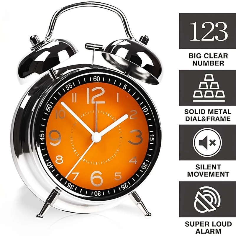1pc Chic Metal Alarm Clock with Glass Face Luminous Silent Quartz Movement Anti-Fall Design