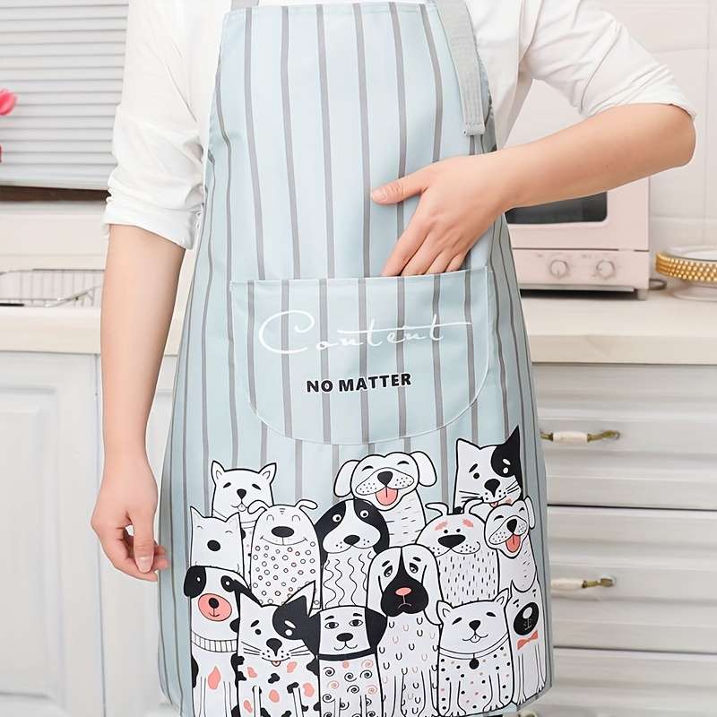 1pc Cute Cartoon Dog Apron for Adults Polyester Kitchen Chef Apron with Pockets Blue Striped