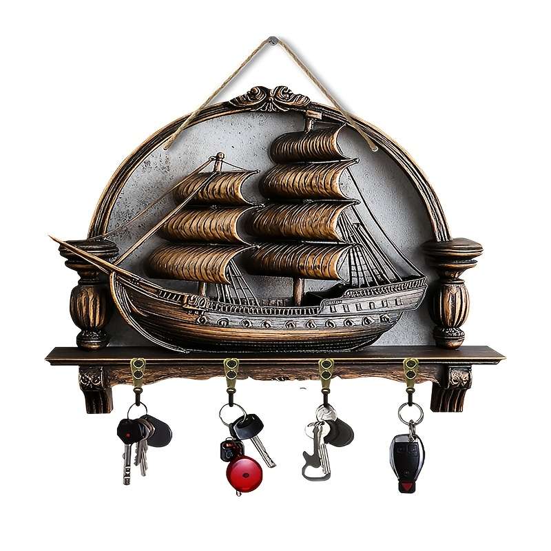 1pc ship model key hook with four metal hooks (11.81x9.84) 2D wall art wall decoration porch de