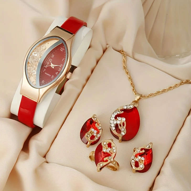 5pcs Set Elegant Women'S Quartz Watch and Jewelry Set Unique Flowing Sand Design Alloy Case