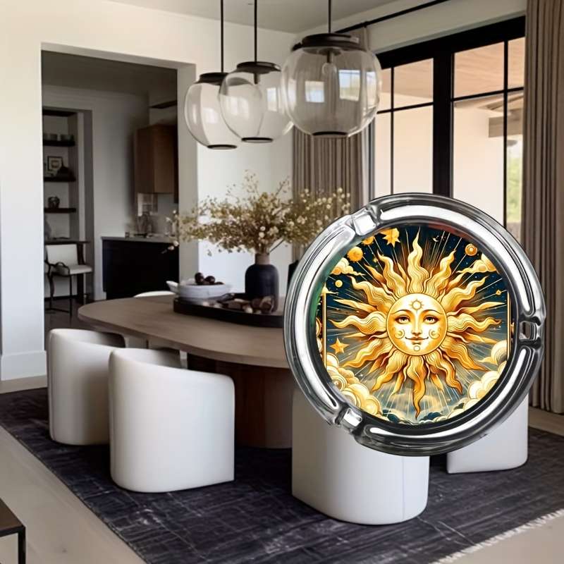 1pc Elegant Sun Moon Design Glass Ashtray Round Stained Glass Artwork with Golden Sun Tranqu
