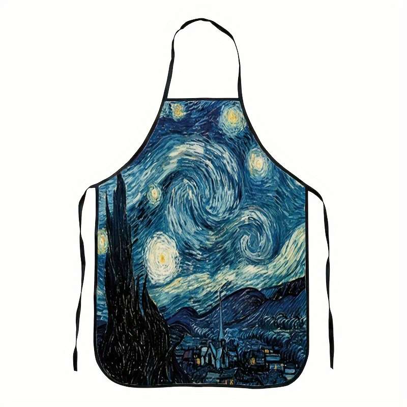 1pc Starry Night Kitchen Apron Stylish Polyester Cooking Apron with Van Gogh-Inspired Design Per