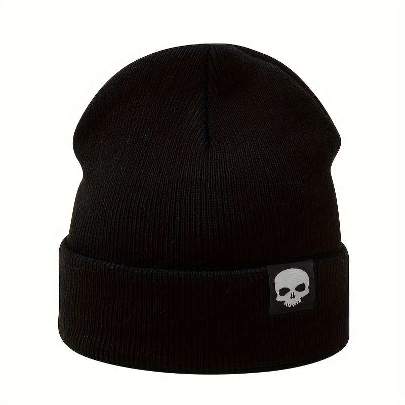 1pc MAKEFGE Skull Logo Knit Beanie Warm Stretchy Acrylic Winter Hat for Men Funky Style Handw