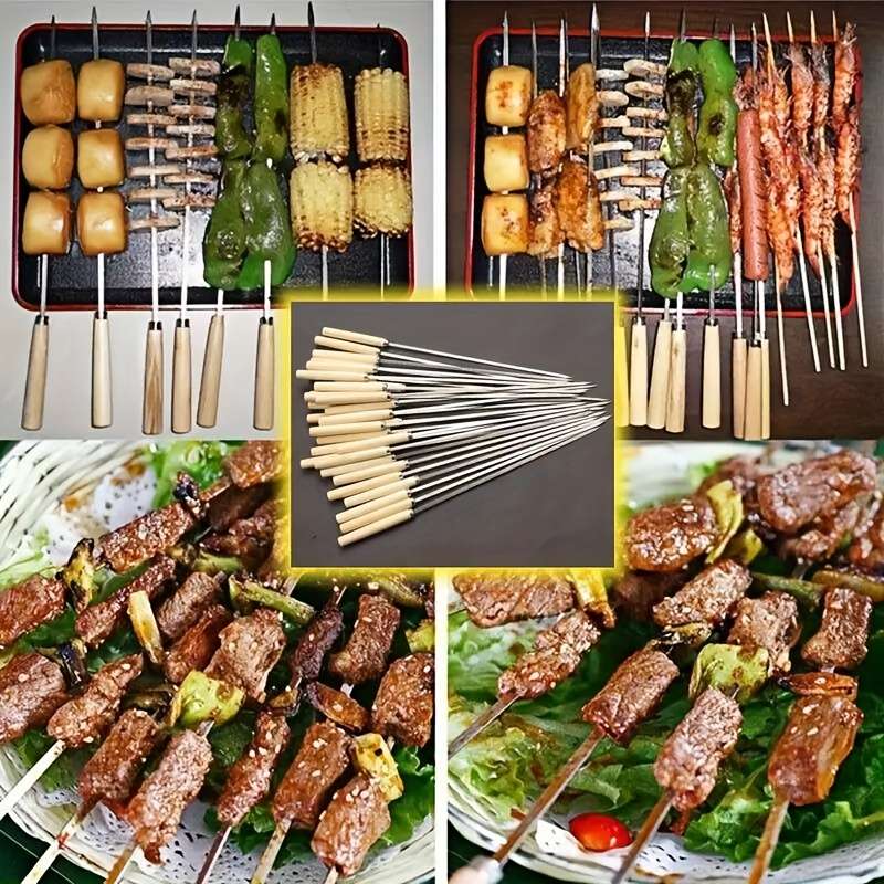 20pcs Stainless Steel Skewers with Ergonomic Wooden Handles Durable Thick Grill Sticks for C