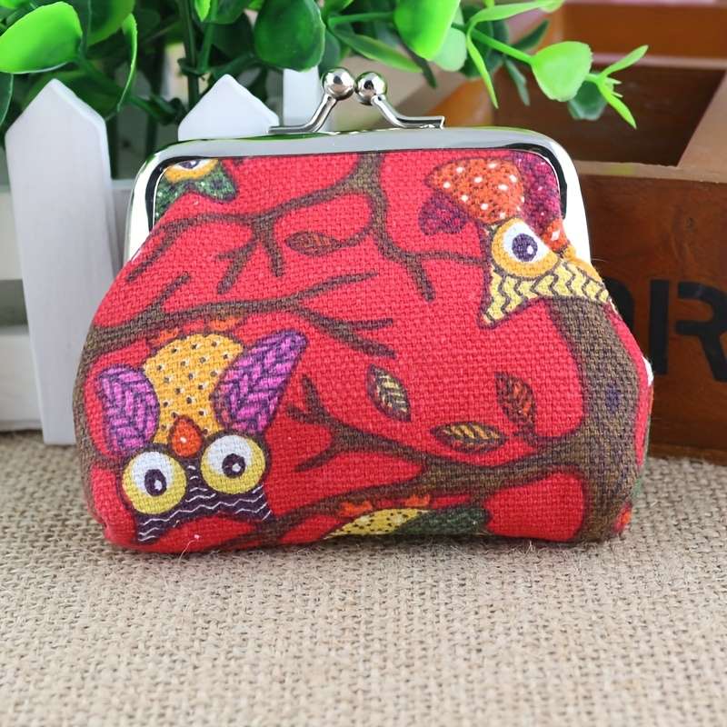 1pc Adorable Small Coin Purse Women's Canvas Owl Cartoon Coin Bag