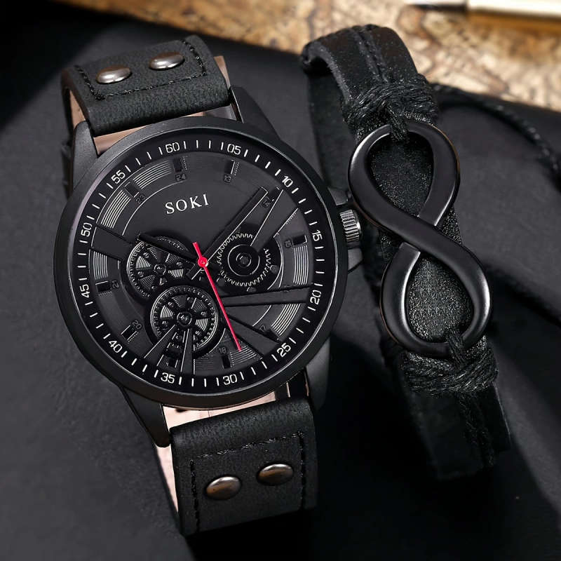 2pcs Men's Sport Digital Watches with Faux Leather Woven Wrap Bands Alloy Case Quartz Movement Black