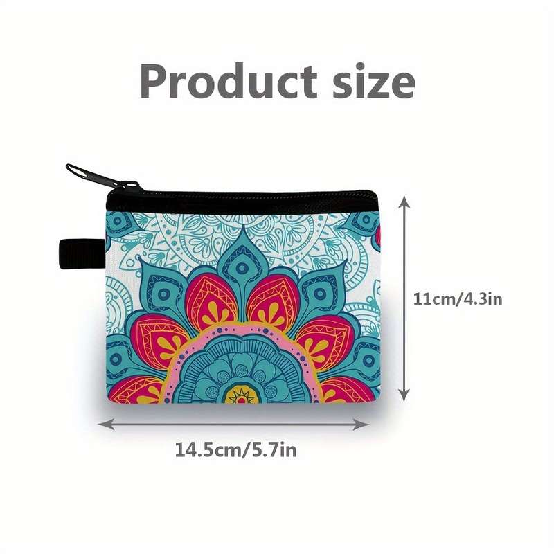 1pc Stylish Mandala Print Zipper Pouch Lightweight Durable Polyester Coin Purse with Vibrant Flor