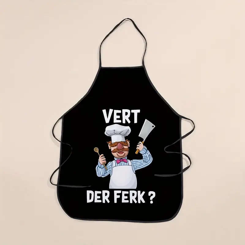 1pc Stylish Chef Print Polyester Apron Black with VERT DER FRECK Design Glossy Finish Perfect for Ki