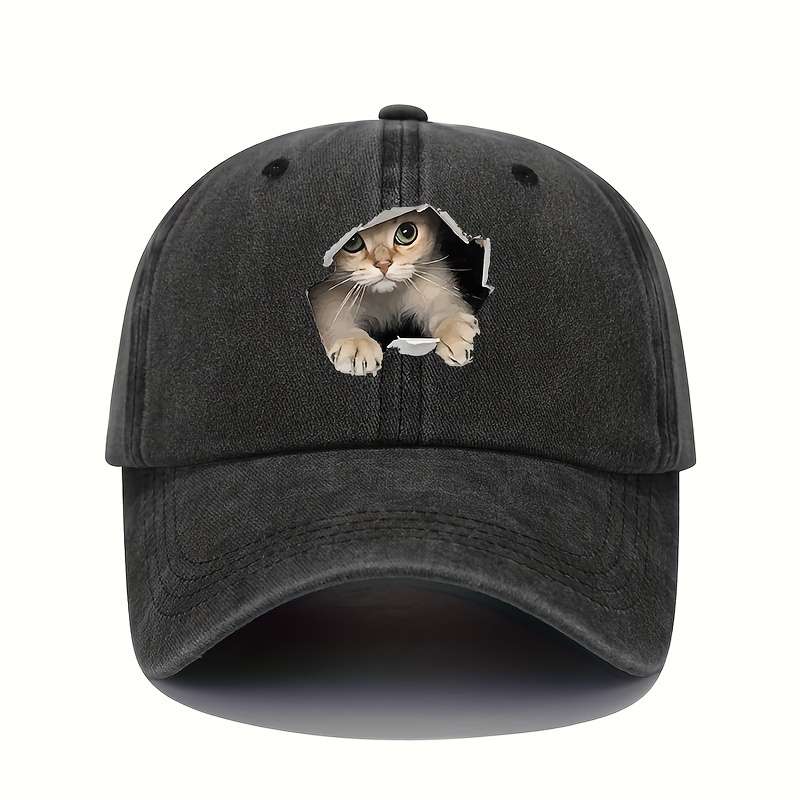 1pc Vintage Washed Cotton Baseball Cap with 3D Cat Print Adjustable Stretch Fit Lightweight All-S