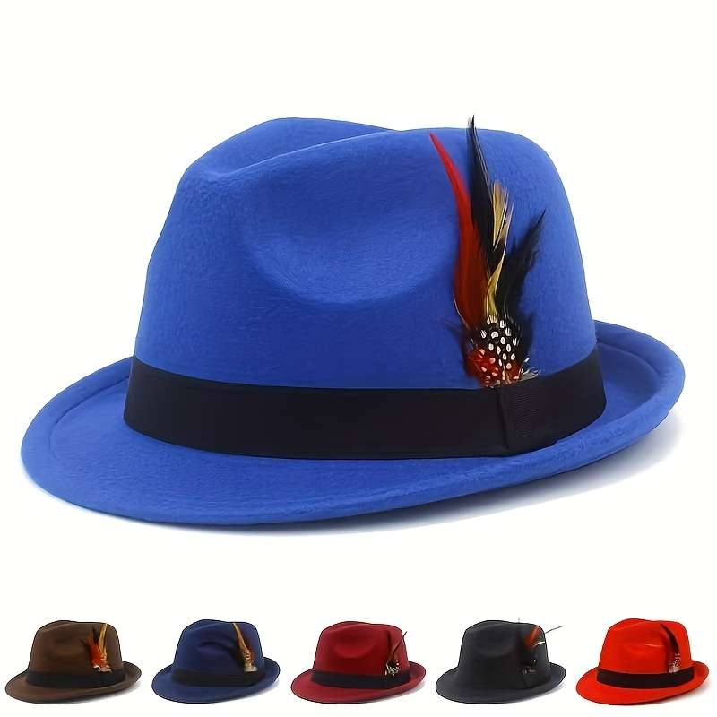 1pc Unisex Classic Cotton Blend Fedora Hat with Feather Breathable Short Brim Felt Panama Dress Ca