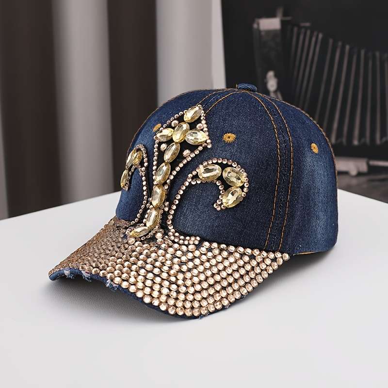 1pc Luxury Rhinestone Embellished Denim Baseball Cap Unisex Adjustable Fit with Sun Protection