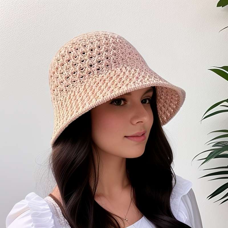 1pc Summer Sun Hat Hollow Out Knitted Polyester Bucket Hat Sun Protection for Fishing