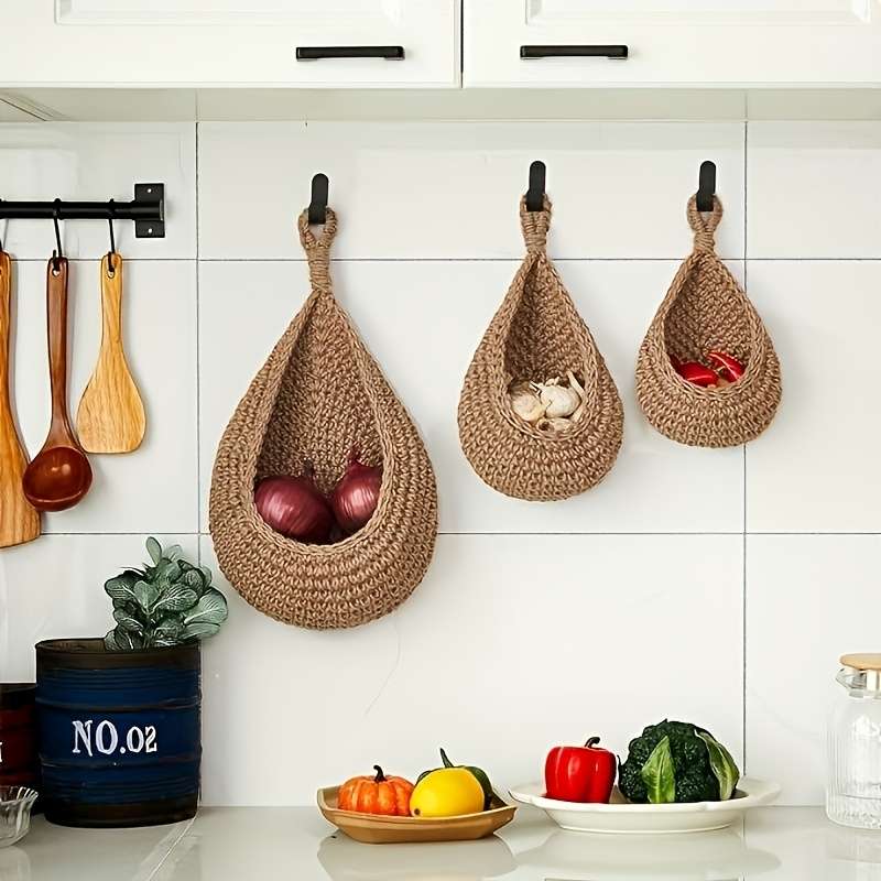 3pcs set of bohemian rope net wall hanging baskets linen hooks for storing fruits and vegetabl