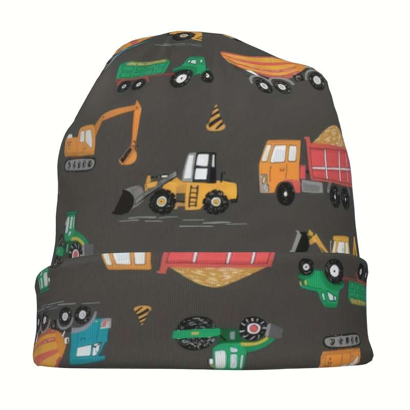 1pc Cute Cartoon Construction Vehicles Knit Cap for Men Elastic Bandeau Hat Lightweight Polyester