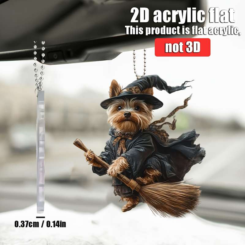 1pc 2D Flat   Yorkshire Terrier Magician  Acrylic Pendant Whimsical Dog in Wizard Costume w
