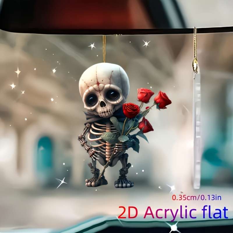 1pc 2D Flat  Gothic Style Skeleton Hand with Red Roses  Acrylic Pendant Versatile Hanging Orna