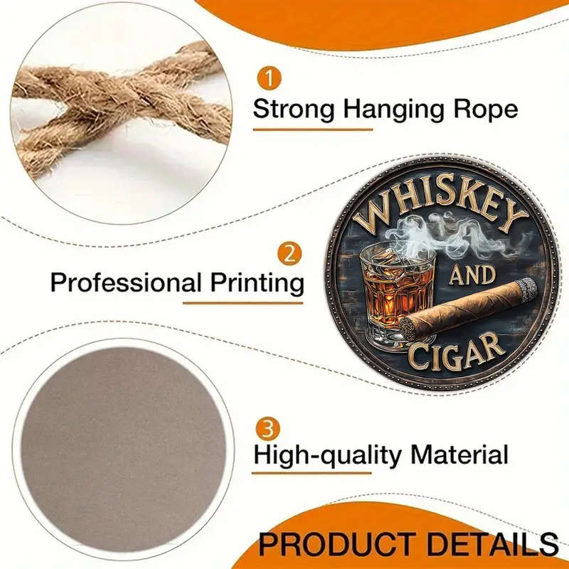 1pc 3D Painted Rustic Wooden Round Sign Whiskey and Cigar Artistic Decorative Wall Art Unframed Clas