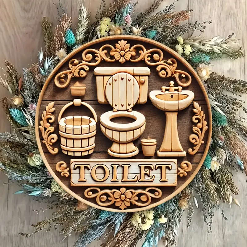 1pc Rustic Wooden Toilet Sign, 20.32x20.32 cm Round Wall Decor Bathroom Wall Art Wooden Wall Hanging