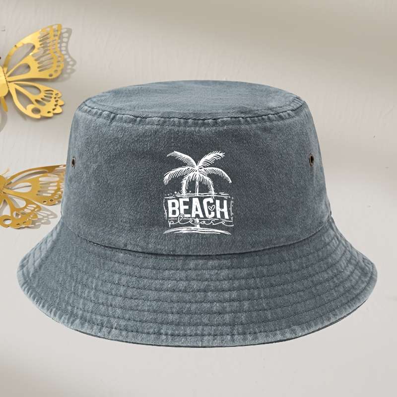 1pc Vintage Washed Grey Beach Bucket Hat with Palm Tree Print Unisex Sun Protection Fisherman Cap