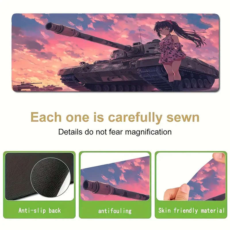 1pc 30x80cm Gaming Mouse Pad with Tank and Anime Girl Design Washable Non-Slip Rubber Desk Mat