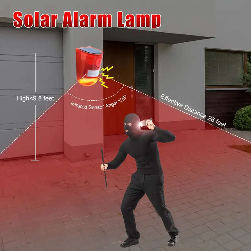 Solar Alarm Lamp - 129dB Outdoor Security Siren with Motion Sensor, 6 LEDs Flash Warning Strobe, IP