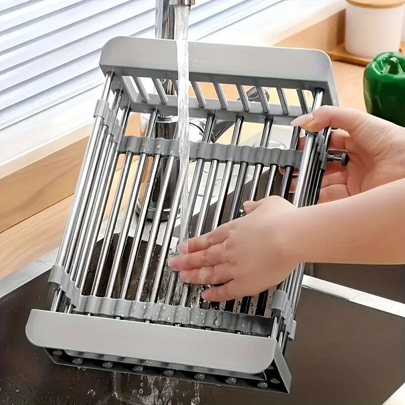 1pc Expandable Stainless Steel Over-The-Sink Dish Rack Drainer Basket Collapsible Kitchen Organ