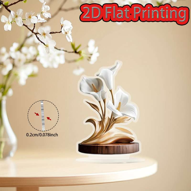 1pc 2D Flat  Printing  Elegant White Lily Acrylic Decor with Base Bohemian Style Perfect for