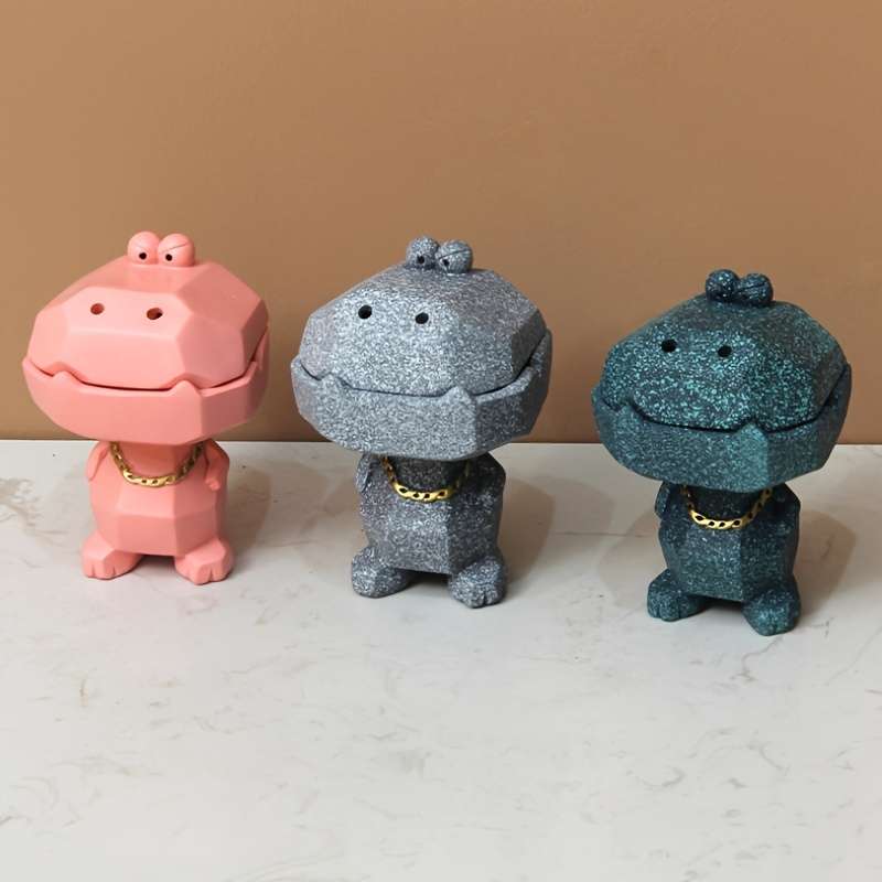 1pc Cute Hippo Resin Ashtray with Lid Pink Gray Blue Glittery Designs Fun Home Office D