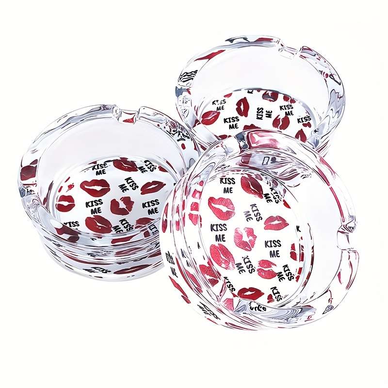1pc 8.48 cm Round Glass Ashtray with Sexy Red Lips Design C "KISS ME" Pattern Clear Smoking Access