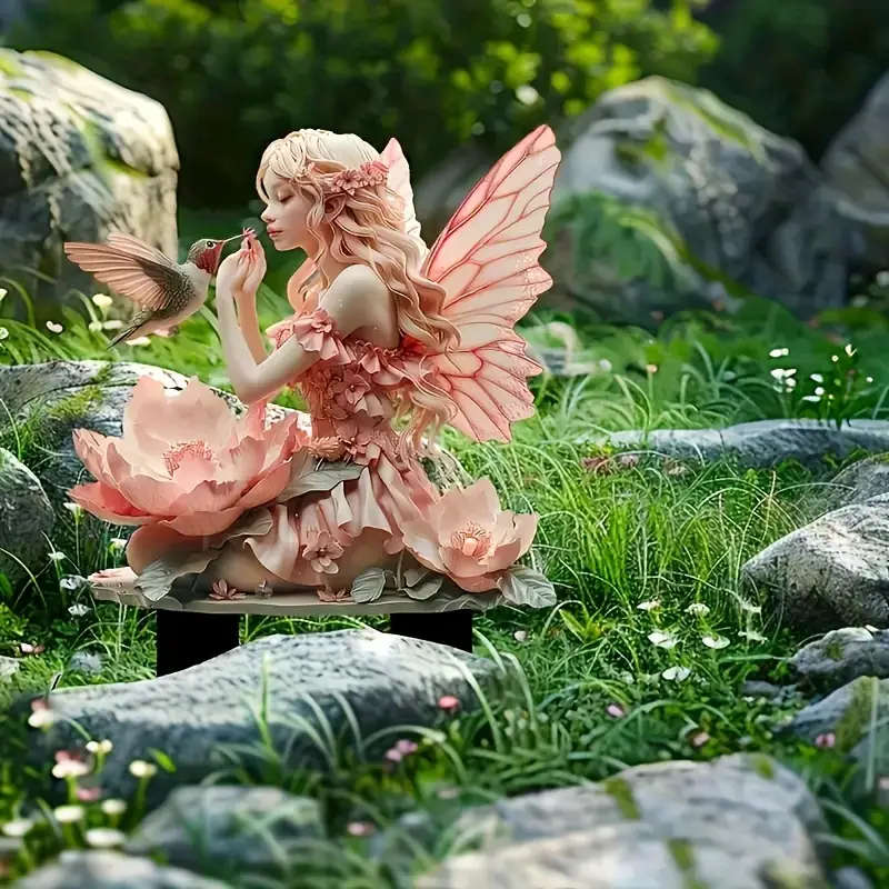 1pc Art Deco Style Acrylic Fairy and Bird Garden Stake Multipurpose 2D Flat Design Decor for Potted