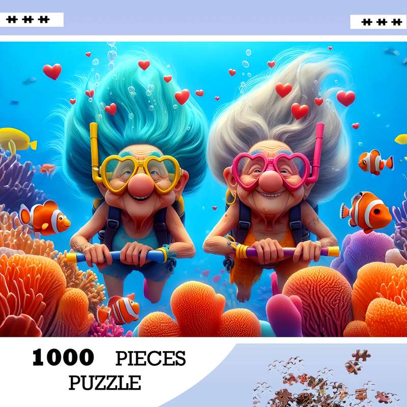 1000pcs Grandma Diving DIY Jigsaw Puzzle Vibrant Underwater Scene with Whimsical Ch