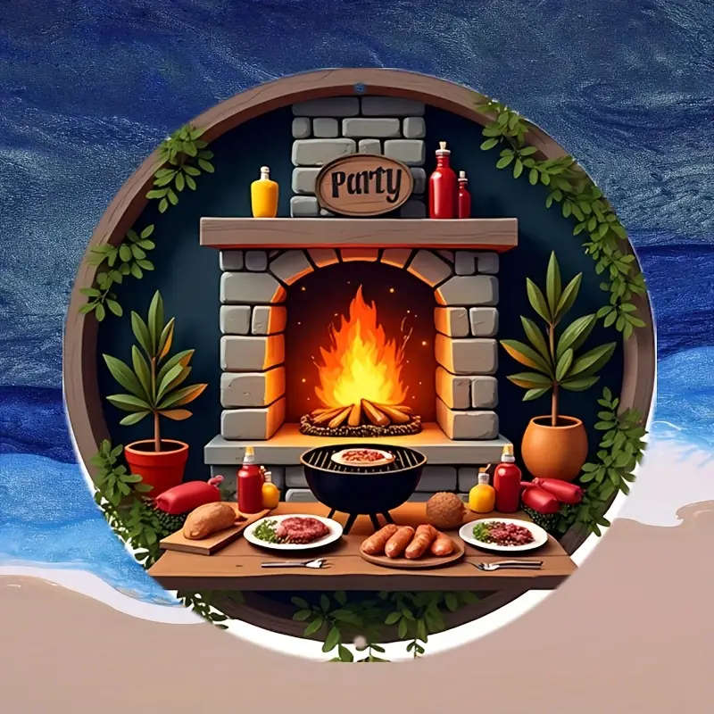 1pc 20.32x20.32cm Round Aluminum Sign Rustic BBQ Party Scene Wall Decor with Stone Fireplace Grill a