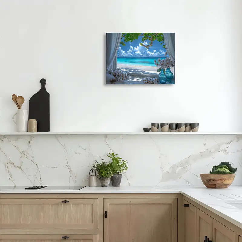 1pc Beach View Window Canvas Art Wooden Framed Wall Decor for Living Room Bedroom Kitchen Perfect Ho