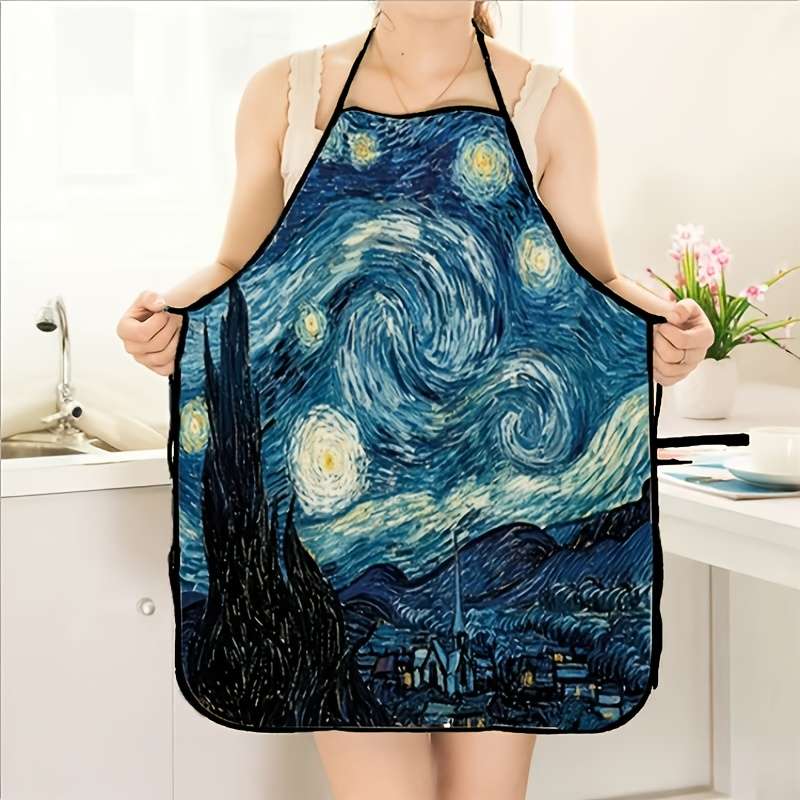 1pc Starry Night Kitchen Apron Stylish Polyester Cooking Apron with Van Gogh-Inspired Design Per