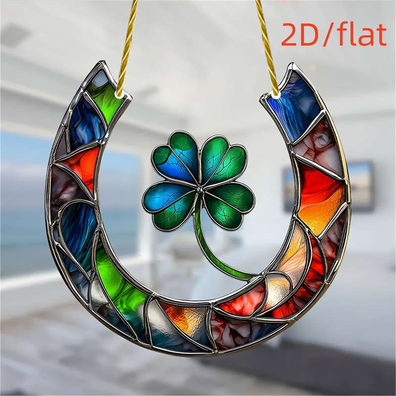1pc 2D Flat   Flat  Acrylic Sun Catcher Lucky Horse Four-Leaf Clover Design Vibrant Stain