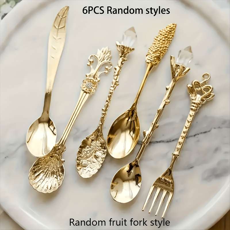 6pcs set of retro royal style dessert tableware stainless steel with Golden carvings small sp